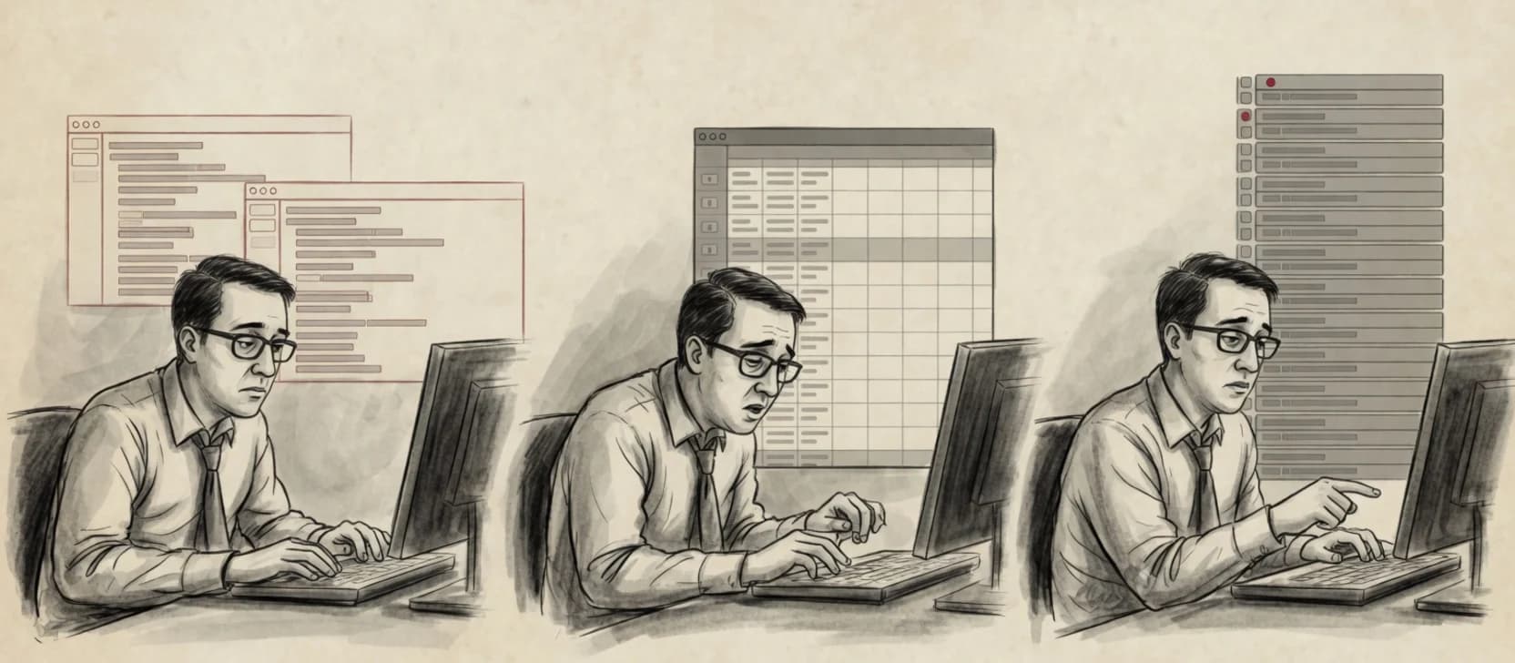 The same office worker copies between two systems, tabs through a spreadsheet, then clicks down an inbox.