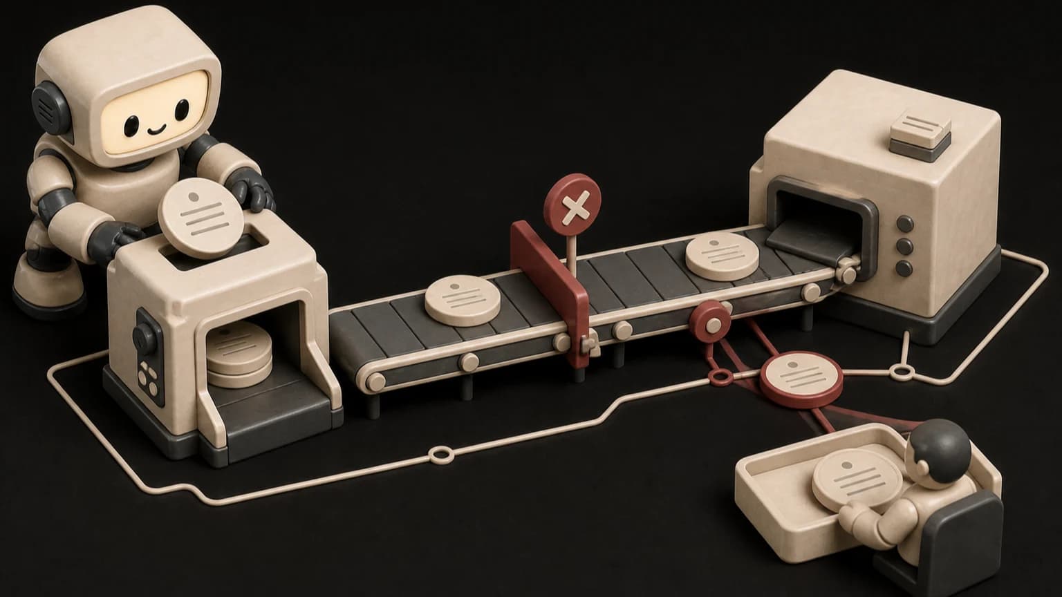 An advisor robot sends one master record between two systems while a duplicate stops visibly and an uncertain match routes to a human review tray.