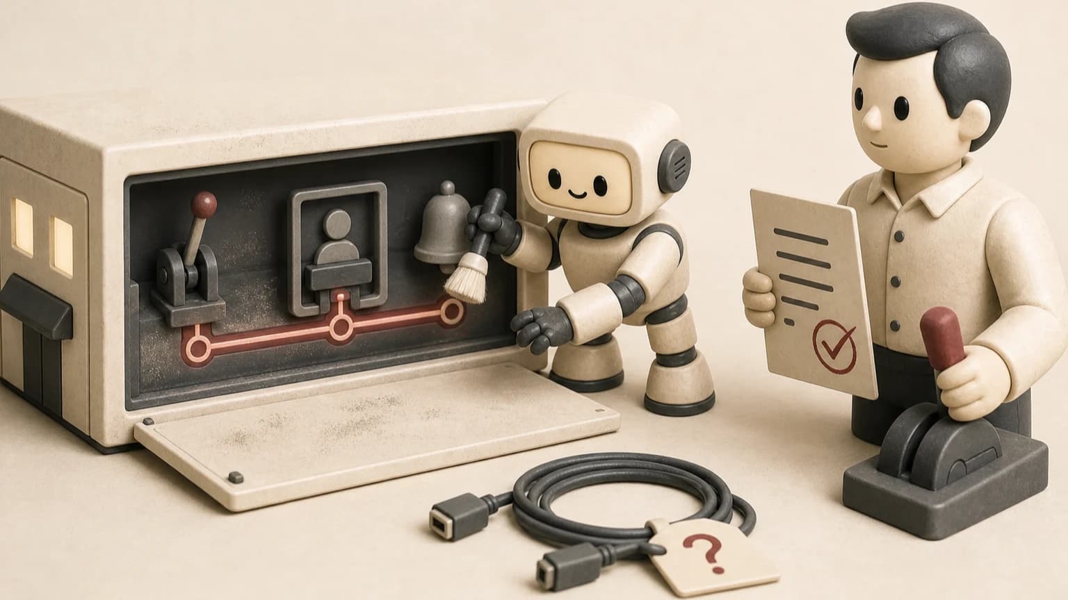 An advisor robot activates native gears, approval gates, timers, and notifications inside an existing system while the human owner holds the runbook and rollback control.