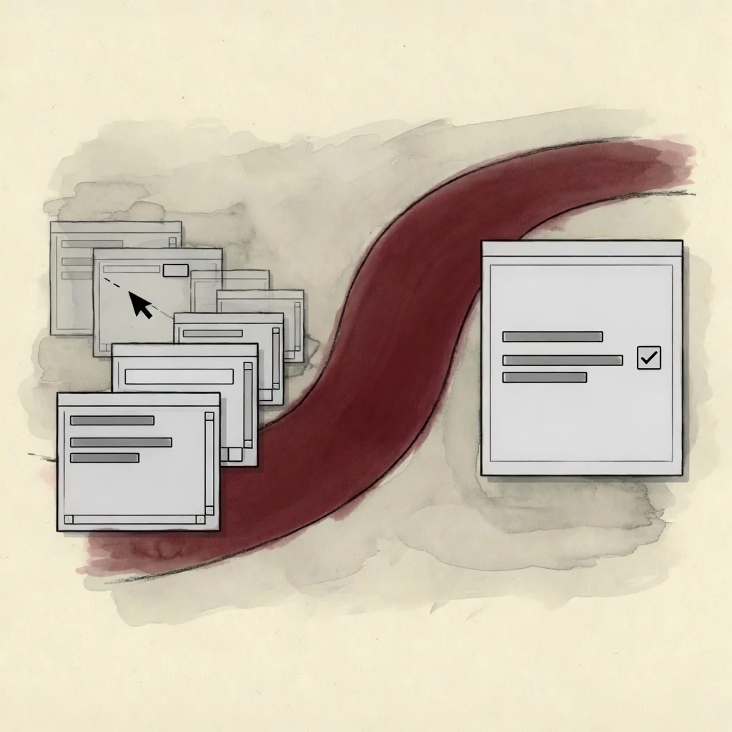 A cluster of small copy-paste windows giving way to one oxblood path into a finished record.