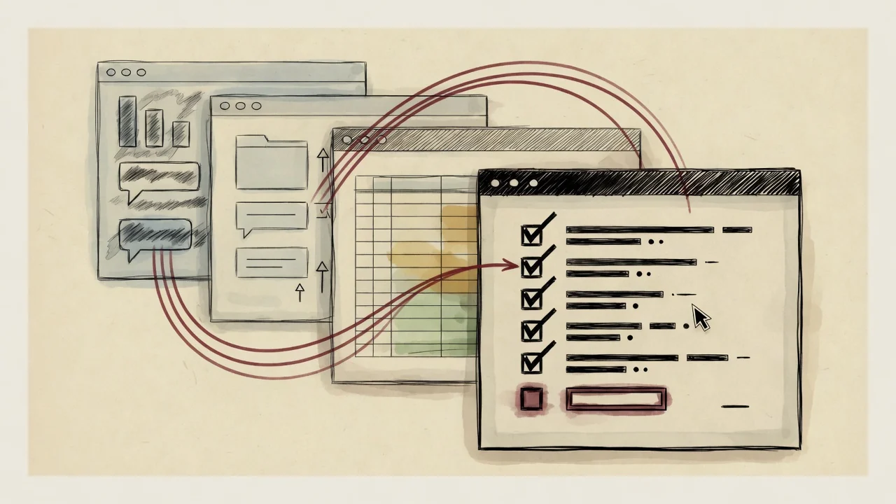 Chat, files, and a spreadsheet feeding one digital pack window; a cursor gathers, one slot still waits for a person.