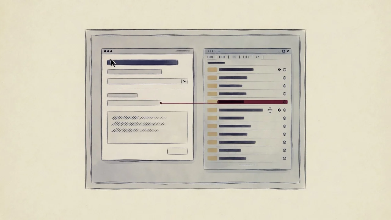 A cursor pasting a record between two software windows, and the same copy traveling once on an oxblood path without the cursor.