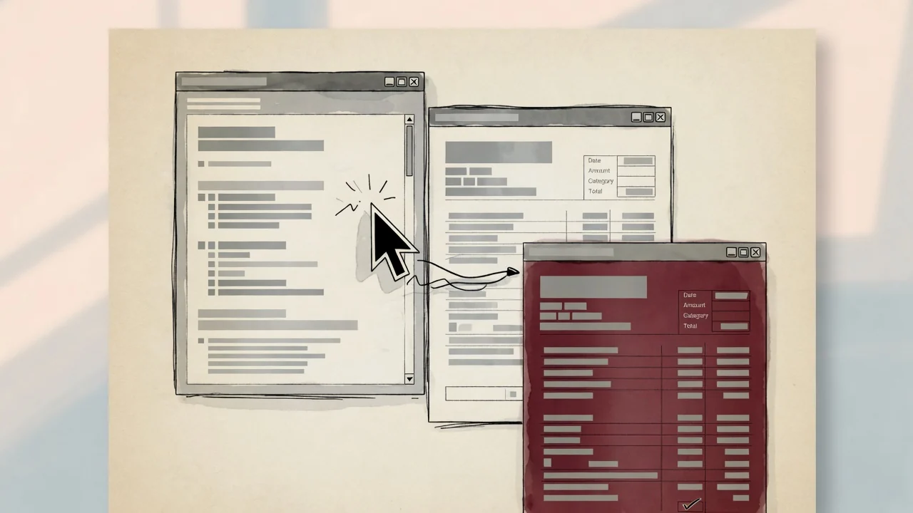 A cursor retyping a PDF into an accounting window, while an oxblood draft of the same record already waits for review.
